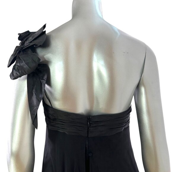 Ricky Freeman for Teri Jon One-Shoulder Black Silk Dress With Floral Accent 6 - Picture 3 of 13